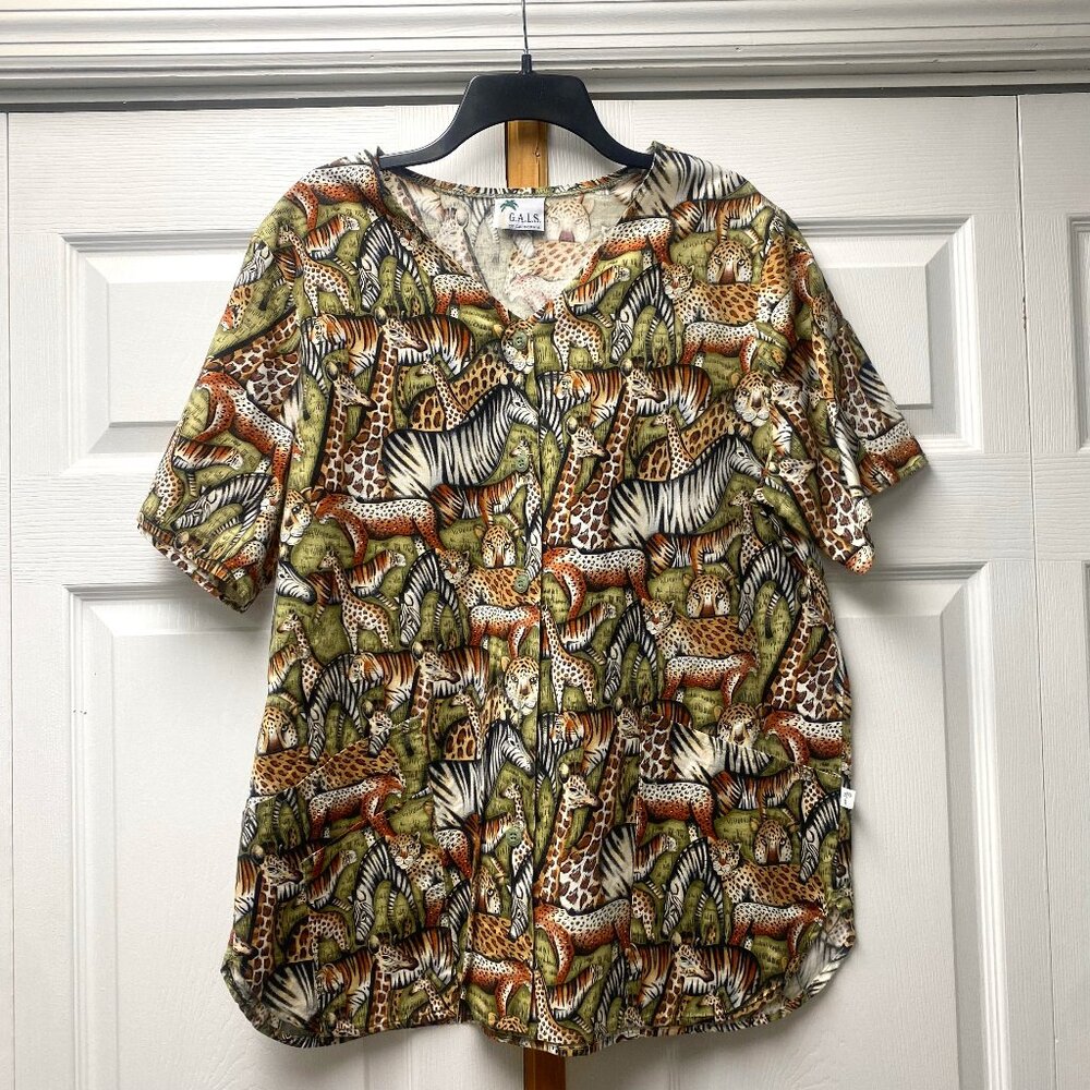 G.A.L.S. California Women's Scrub African Safari Print Uniform Top - Sz Large